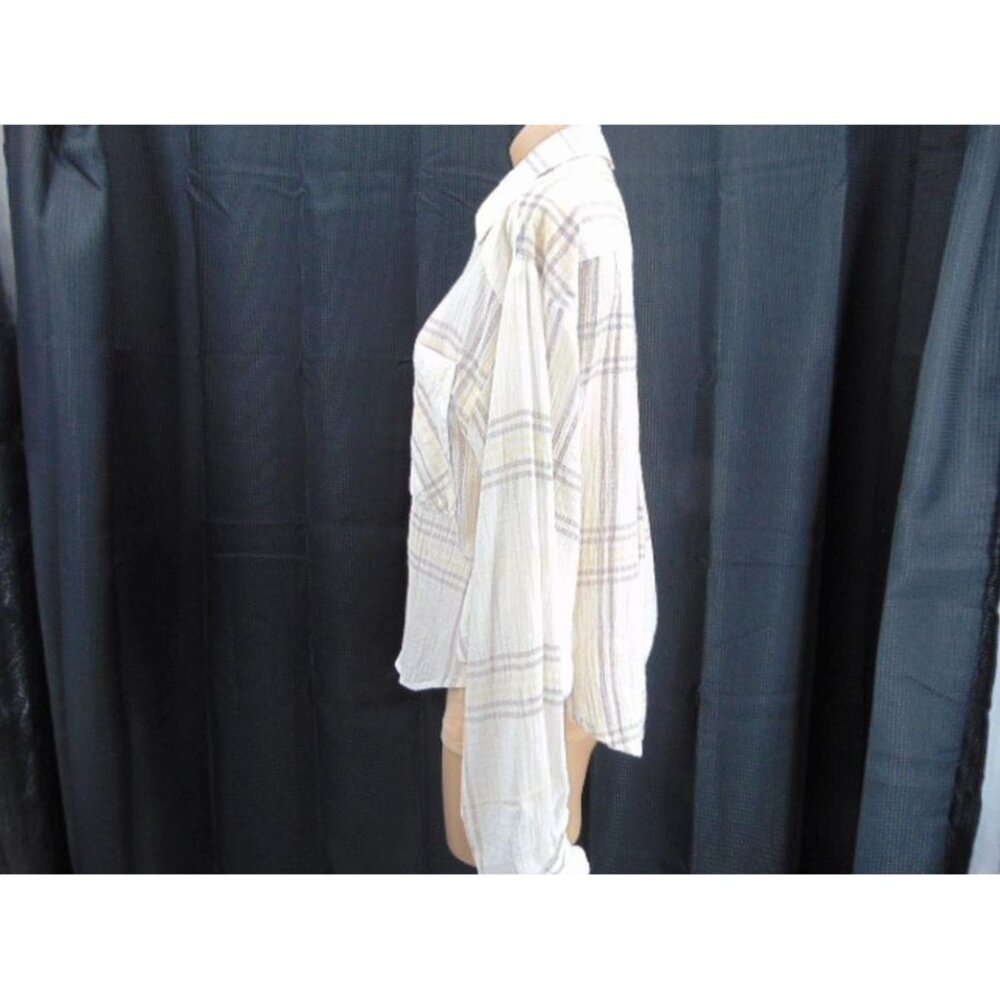 Free People Ivory Cutie Plaid Crop Top M Button Front Dolman Sleeves OB613778 - Picture 3 of 15